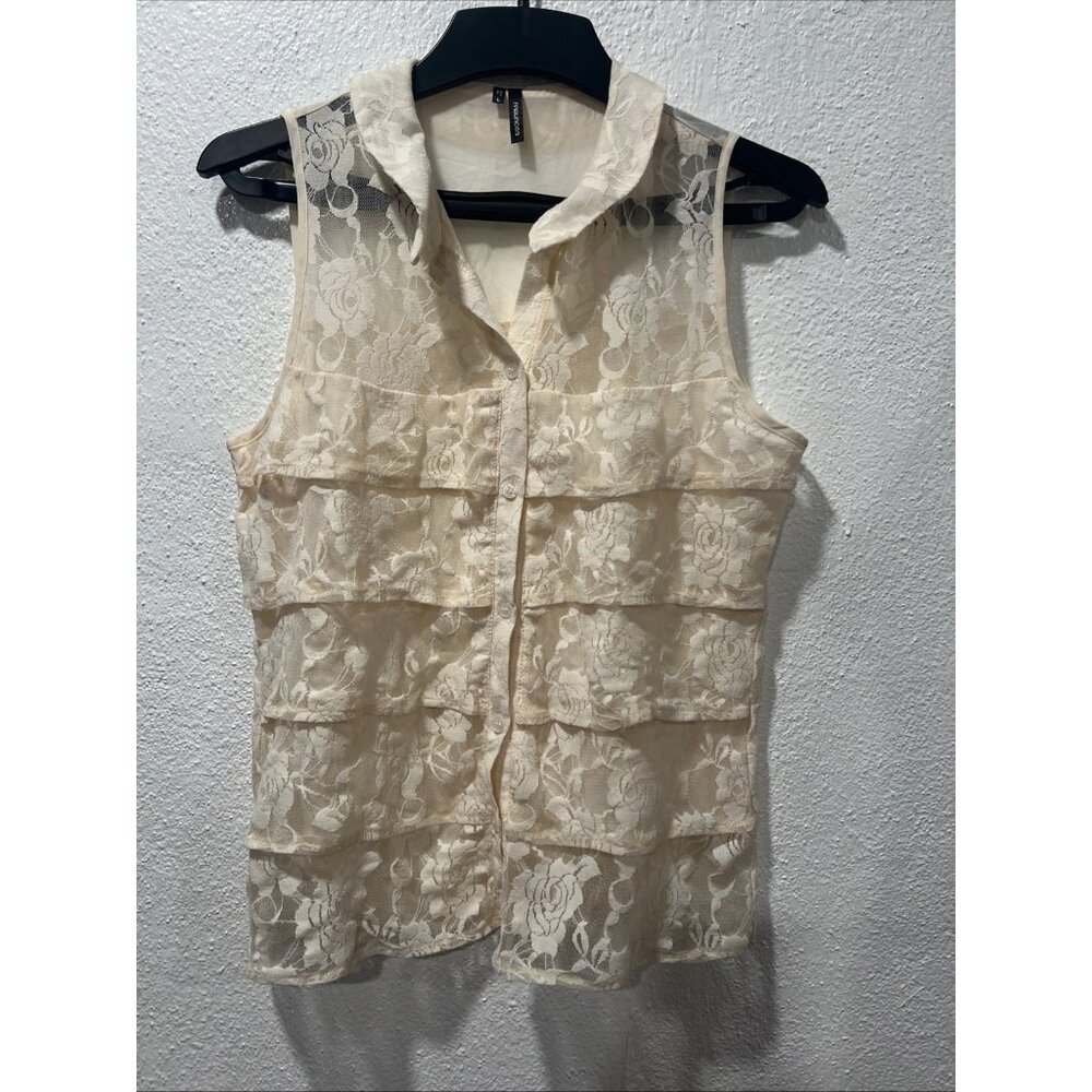 MAURICES Beige Floral‎ Lace Tiered Collared Button Down Twee Tank Blouse Large